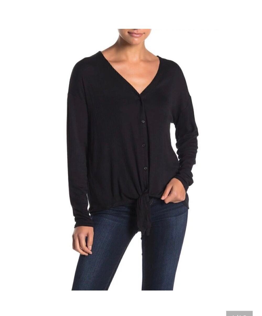 14th & Union Nordstrom Black Ribbed Tie Front Top Women’s MP Medium Petite NWT